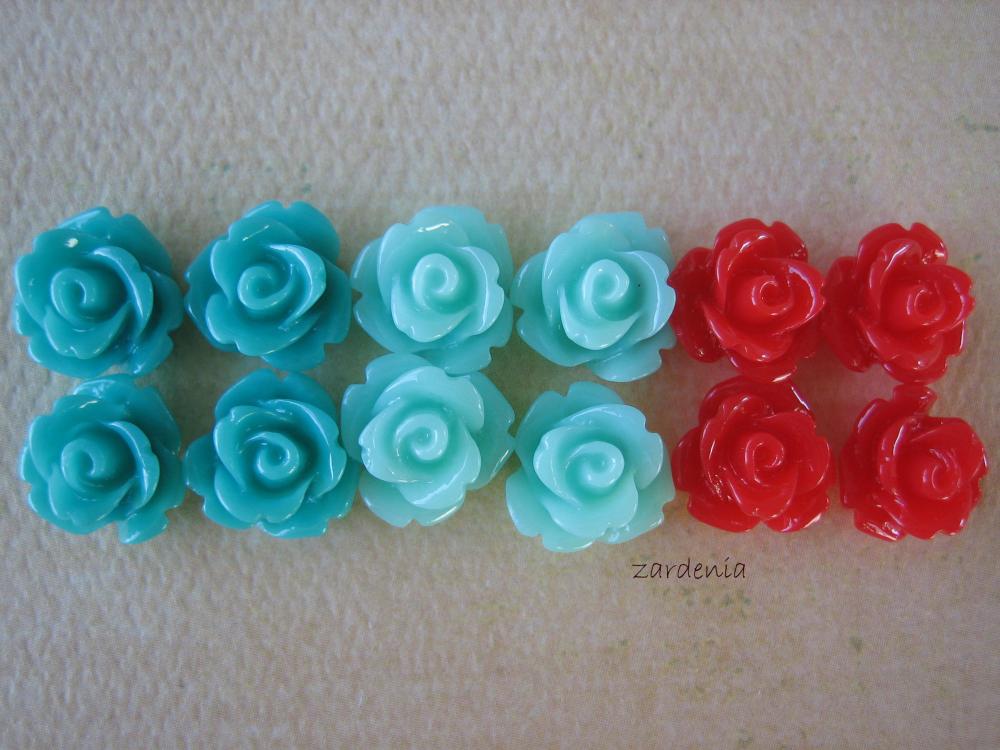 12PCS - Mini Rose Flower Cabochons - 10mm - Resin - Mint Cherry - Cabochons by ZARDENIA