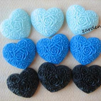 9PCS - Heart Flower Cabochons - Resin - Blue, Royal Blue and Black Mix - 19x21mm - Cabochons by ZARDENIA